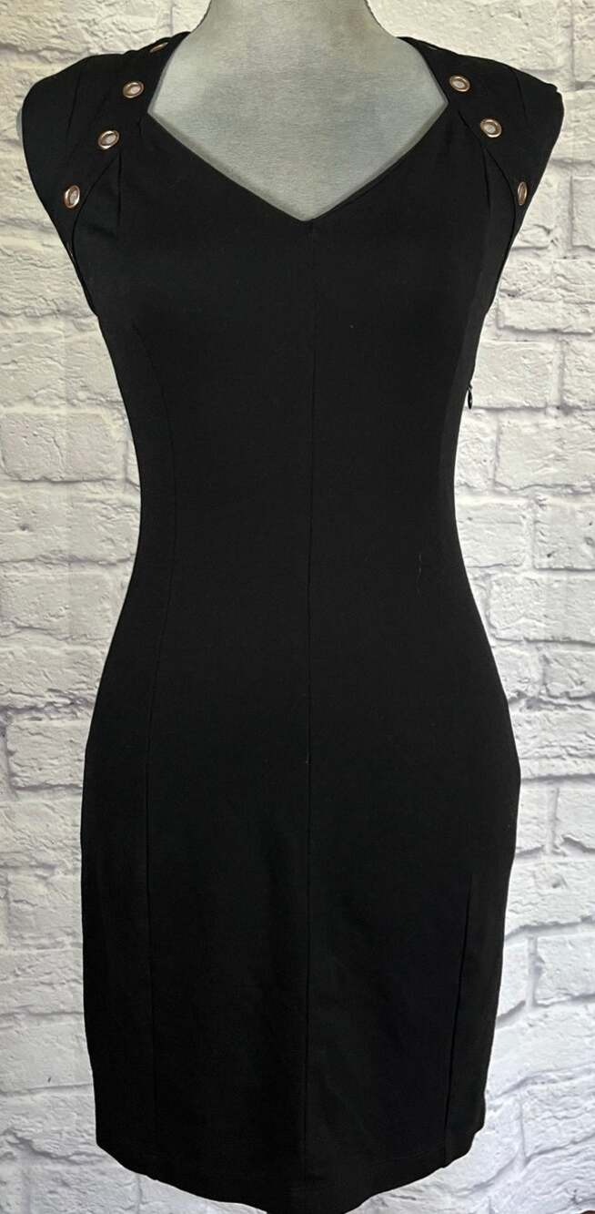 Armani Exchange Bodycon Stretch Polyknit Little Black Dress w/ Coppertone Rivets